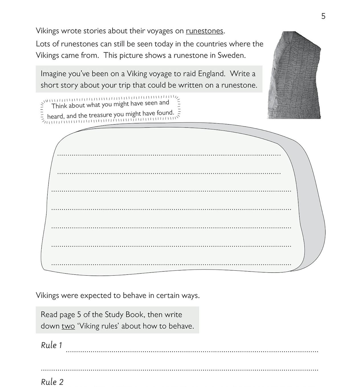 Sample page with creative writing prompts about Viking voyages and behaviour rules