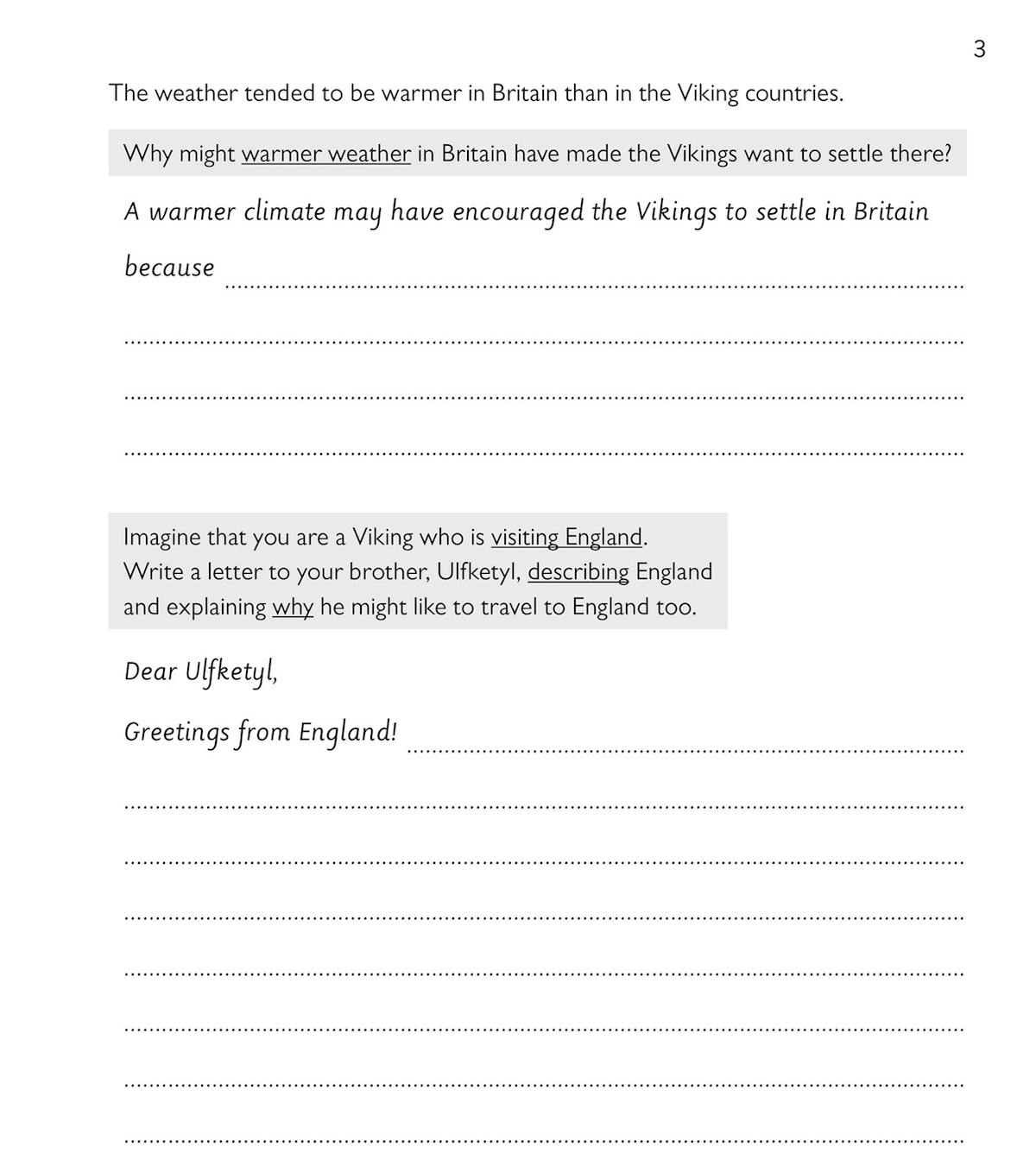 Sample page showing a comprehension question about Viking climate and a creative writing task