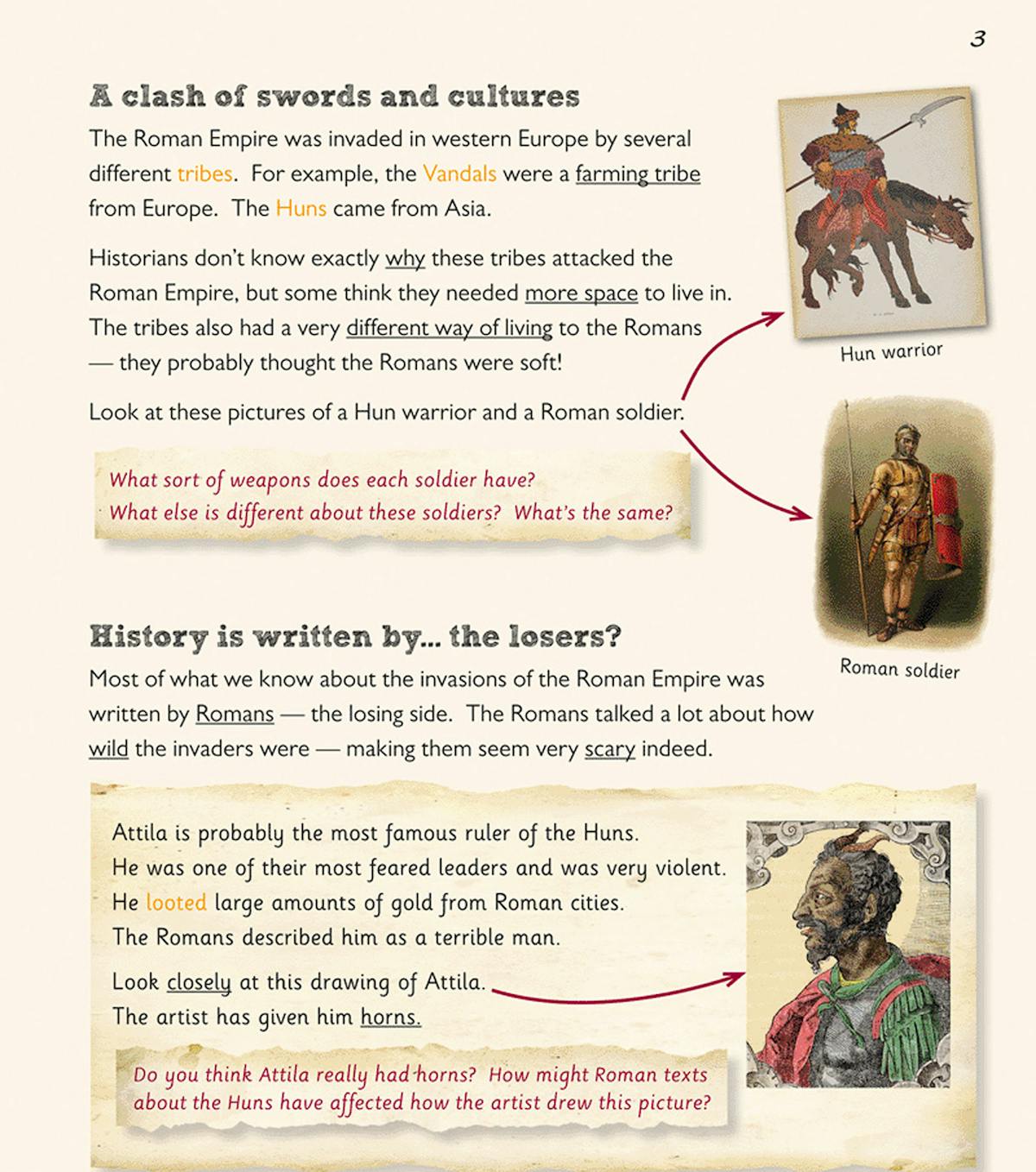 Inside pages showing a clash of tribes with illustrations of Hun and Roman warriors, and questions about historical sources