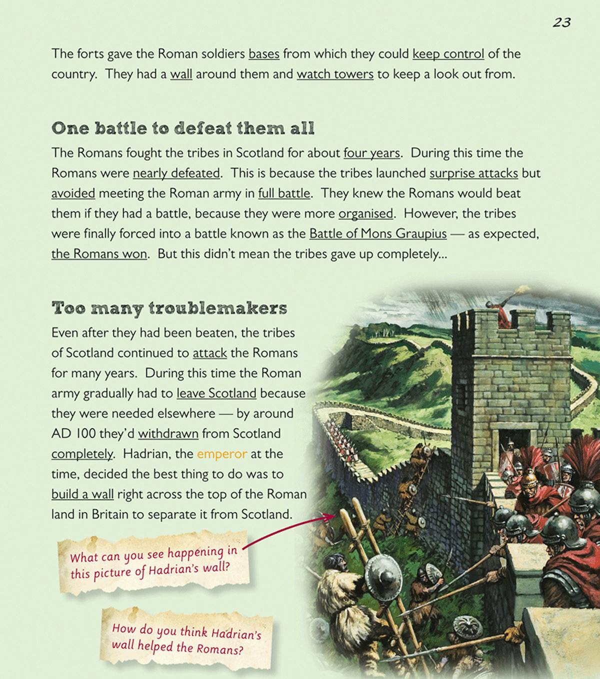 Page showing Hadrian's Wall with detailed illustration of Roman soldiers and interactive questions