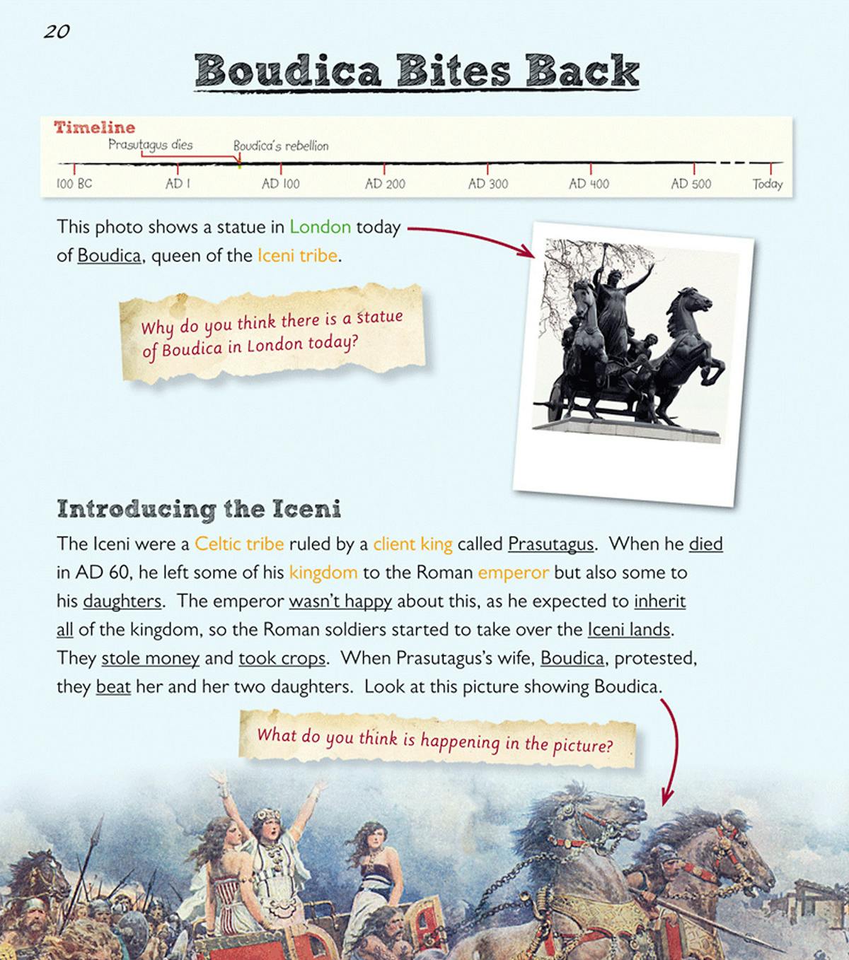 Sample page showing Boudica's rebellion with timeline, illustrations and historical questions
