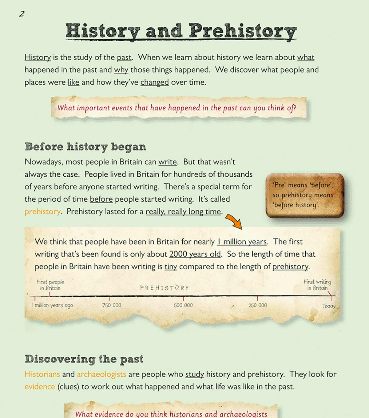 Inside pages showing History and Prehistory introduction with timelines and definitions