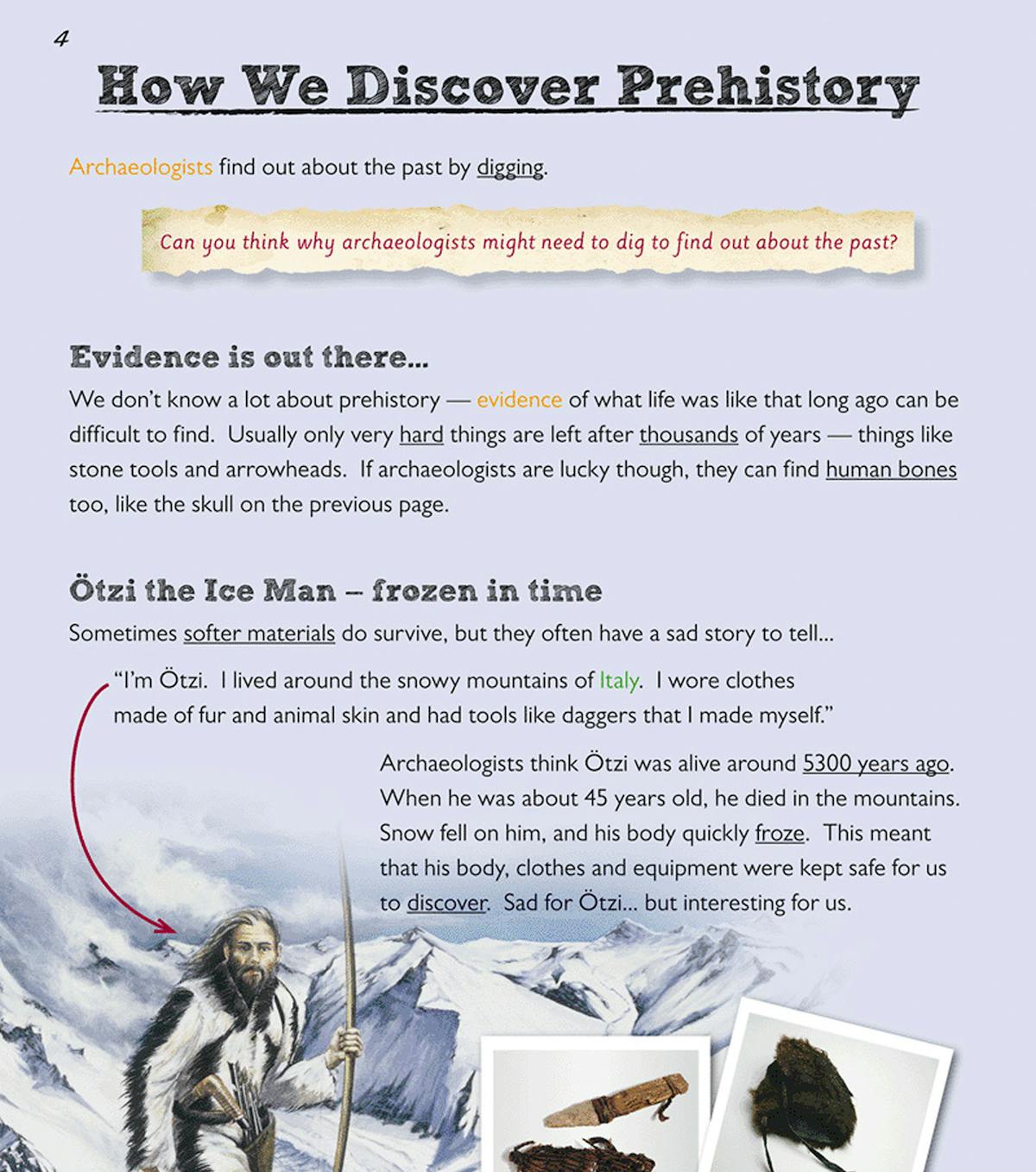 Spread about discovering prehistory, featuring Ötzi the Ice Man with illustrations and photographs