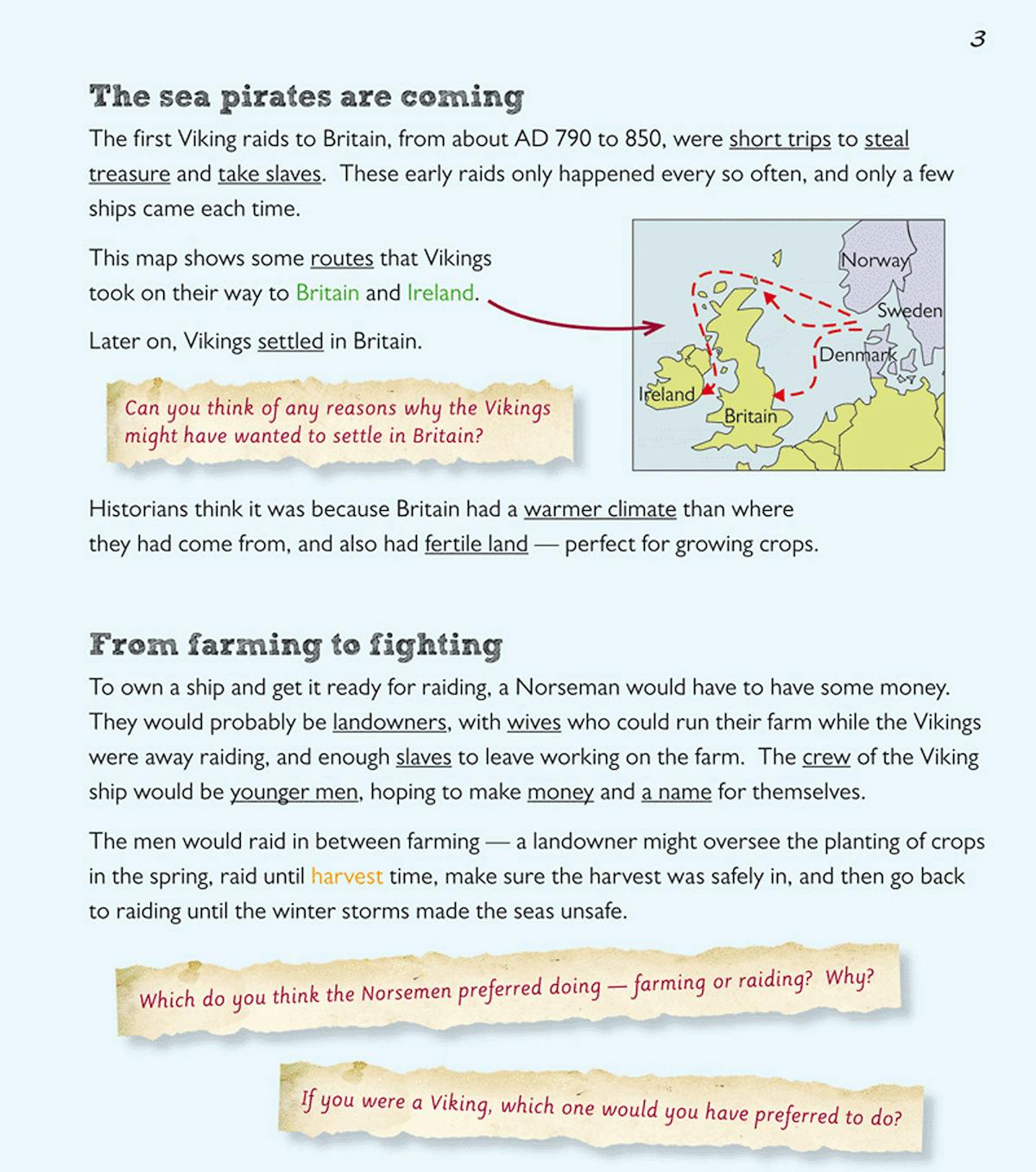 Page showing Who Were The Vikings with timeline, maps and illustrations of longships