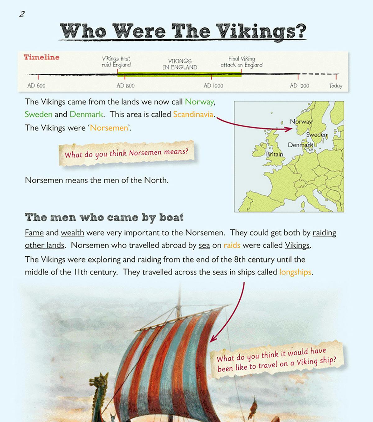 Page explaining sea pirate raids, Viking routes and the transition from farming to fighting