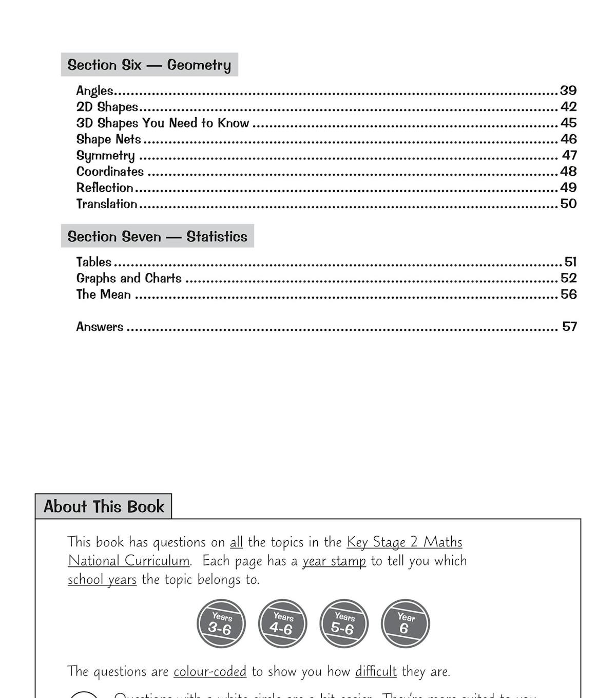 Contents page showing Geometry and Statistics sections with answers included