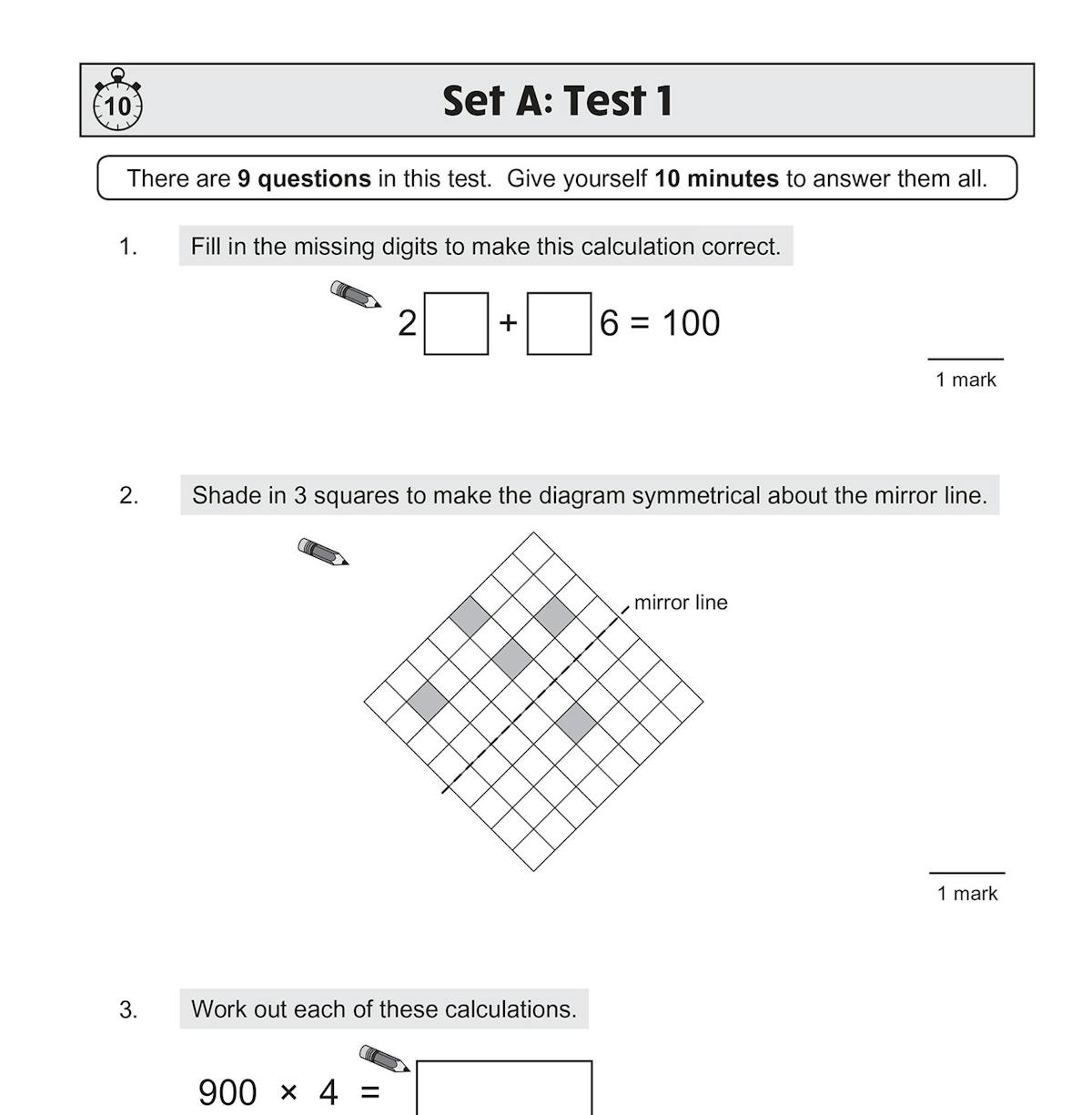 Sample interior pages showing SATs-style maths questions and answer spaces
