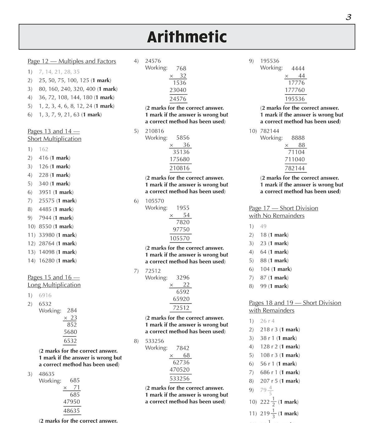 Inside page showing detailed arithmetic answers with full working-out for multiplication and division questions