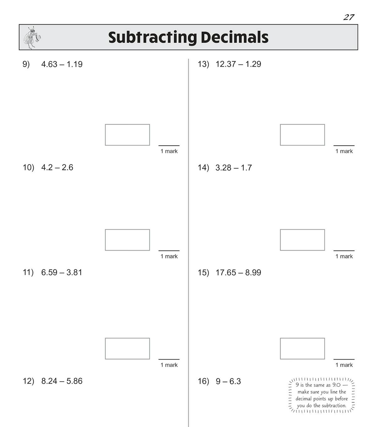 Sample page showing adding decimals questions with answer boxes and helpful tips