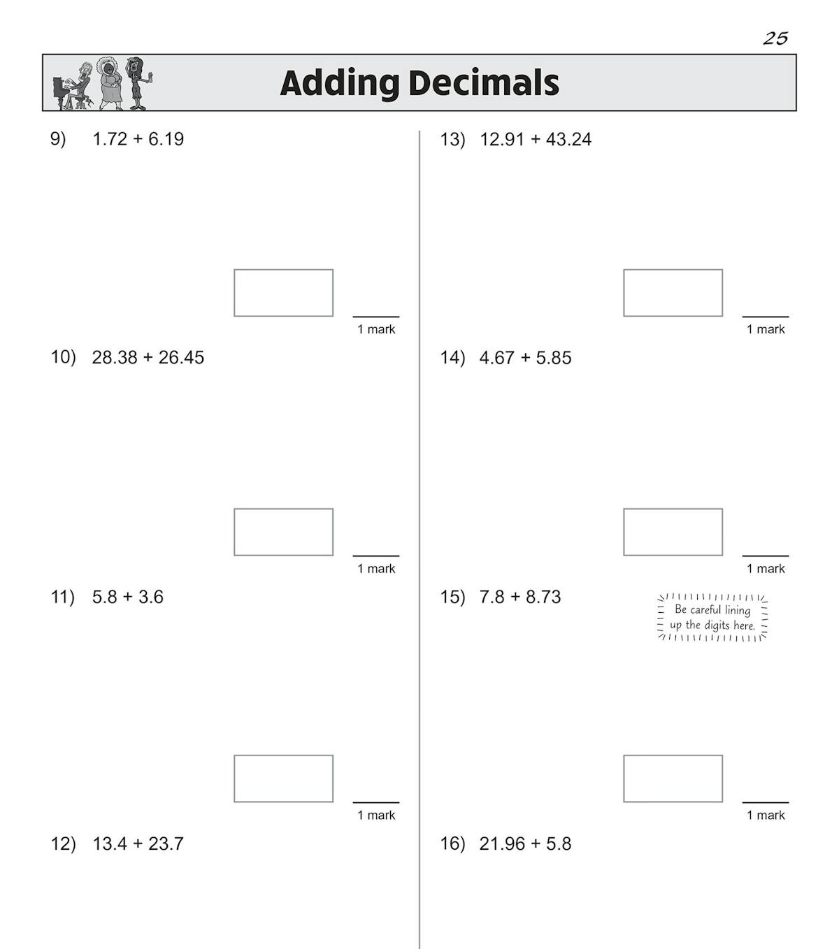 Sample page showing subtracting decimals questions with answer boxes and margin tips