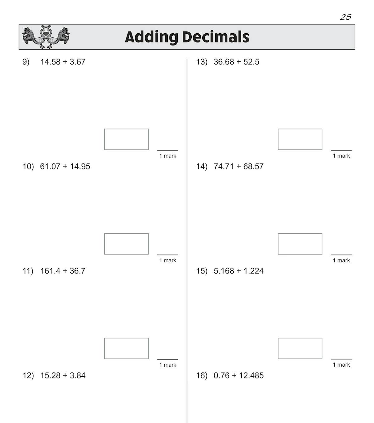 Sample page showing adding decimals questions with answer boxes and one-mark scoring