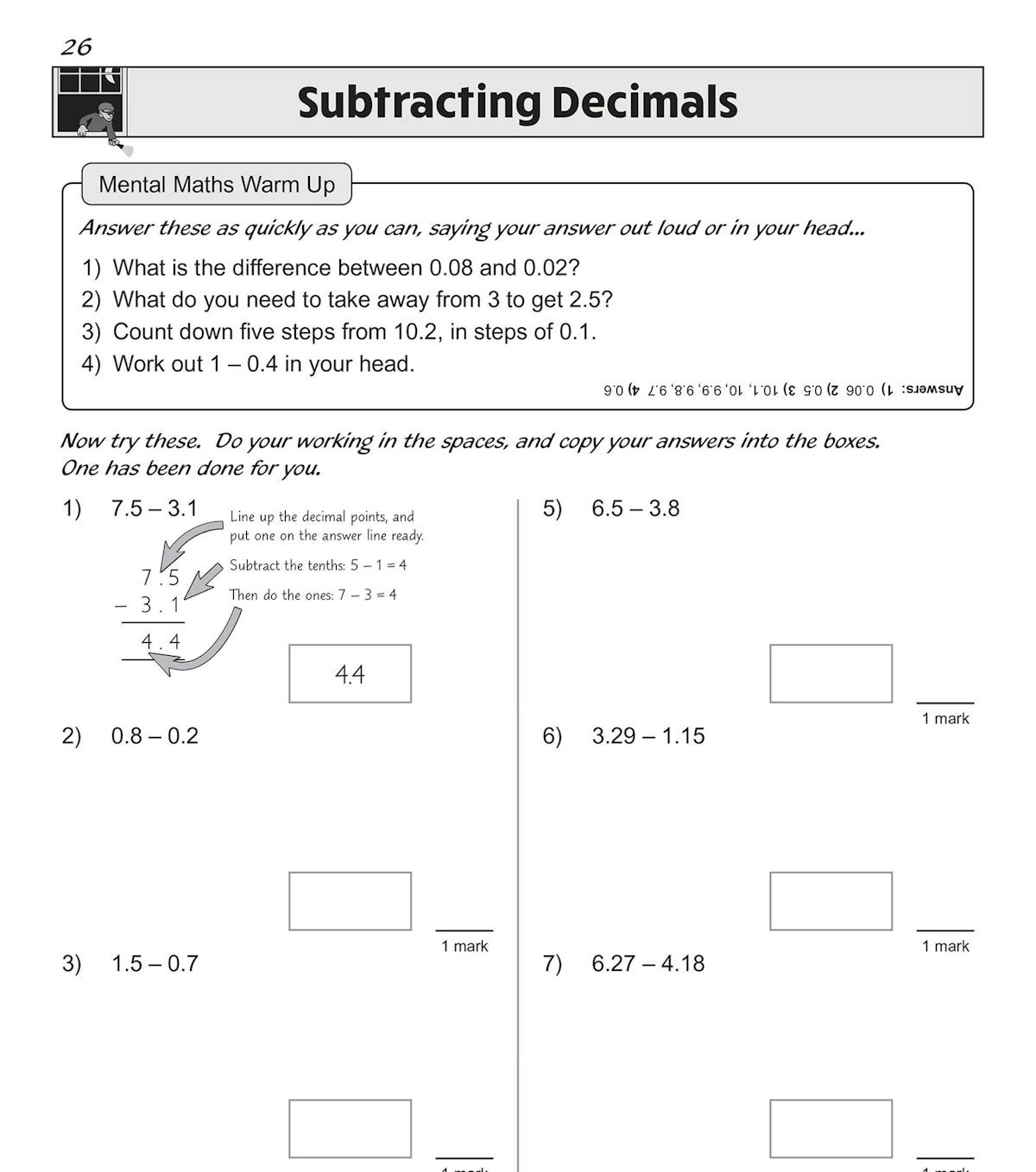 Sample page showing subtracting decimals with mental maths warm-up and worked example