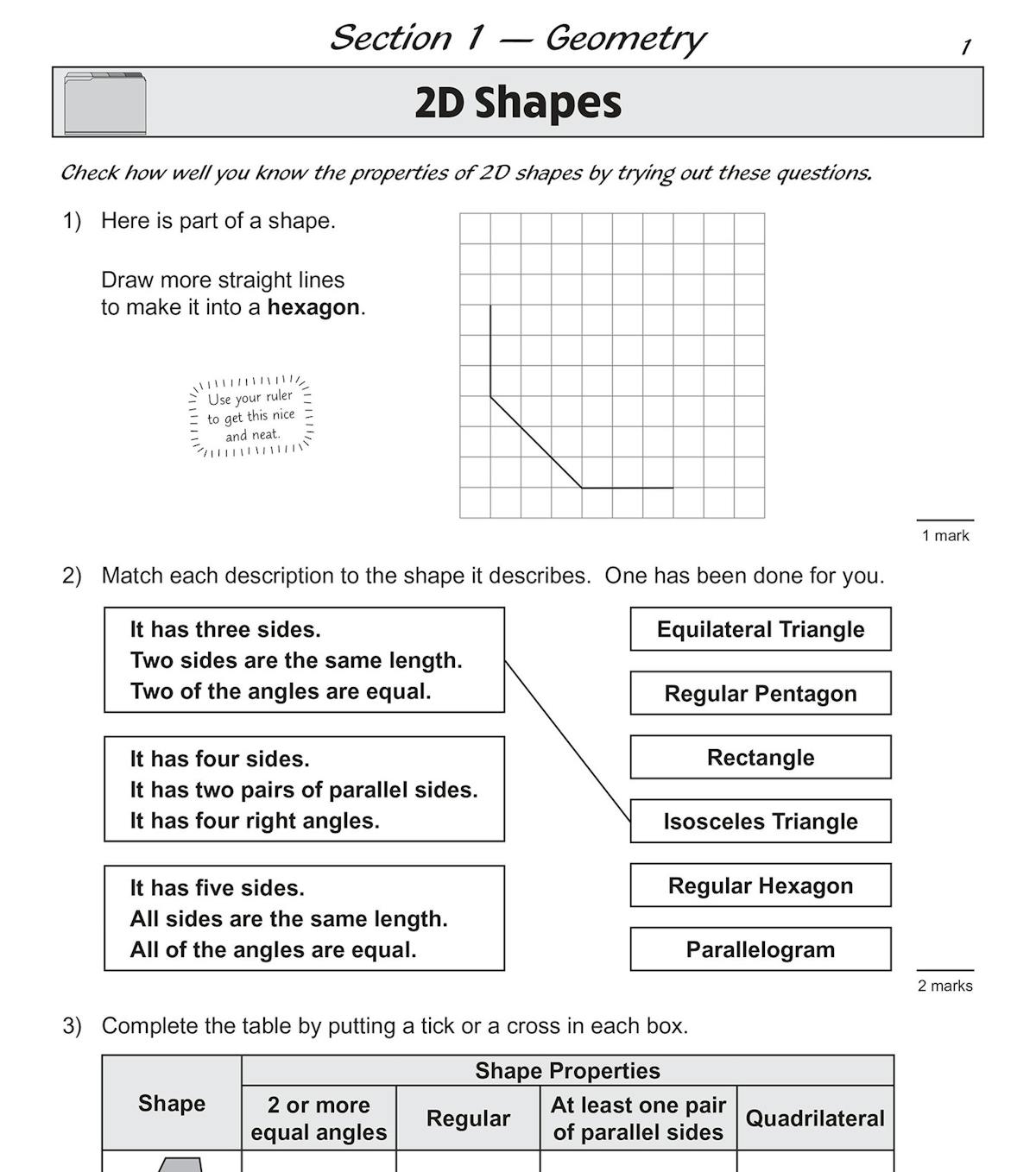 Sample page showing 2D shapes practice questions with matching and table activities