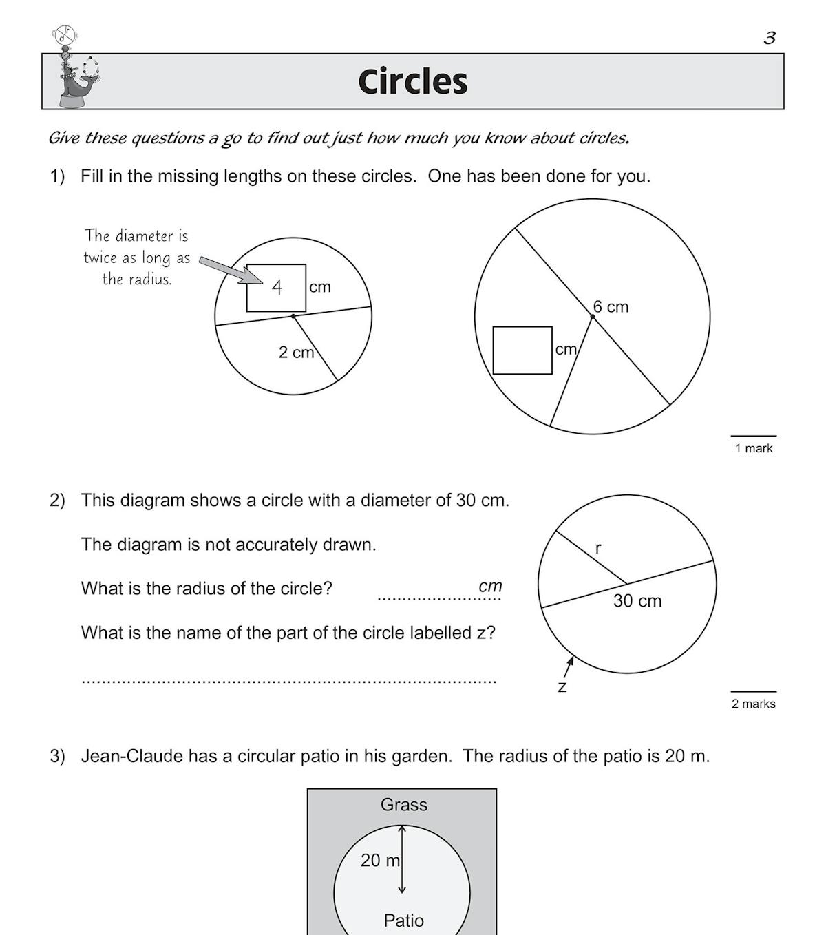 Sample page showing circles questions with radius, diameter and real-world problem-solving