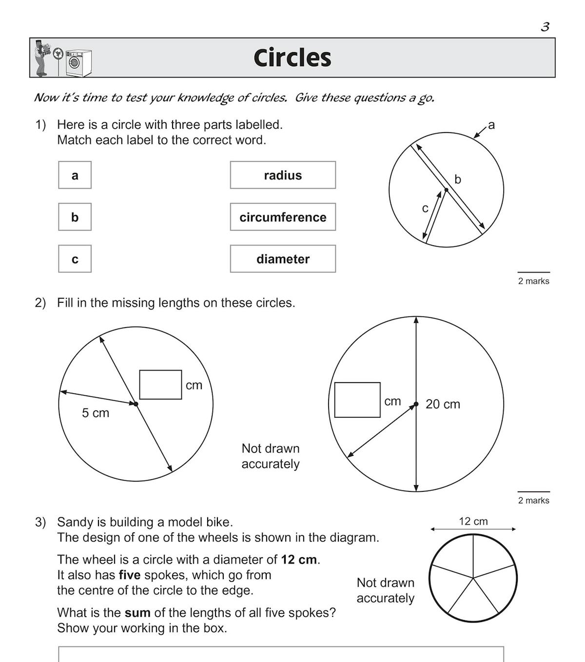 Sample inside pages showing geometry questions on 2D shapes and circles