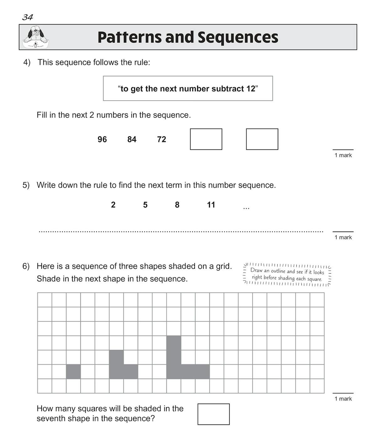 Inside page from KS2 Maths SAT Buster showing patterns and sequences questions