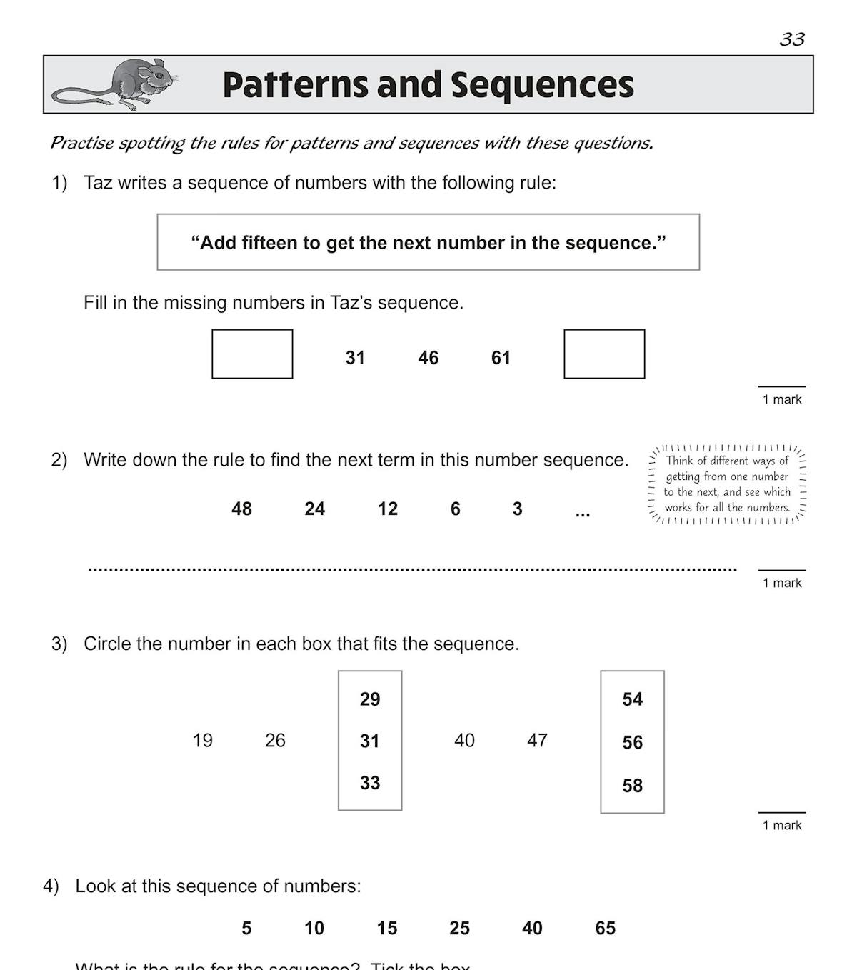 Inside page showing patterns and sequences questions