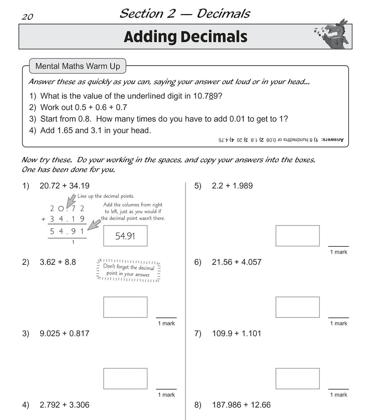 Page featuring multiplying with decimals exercises including multi-digit calculations