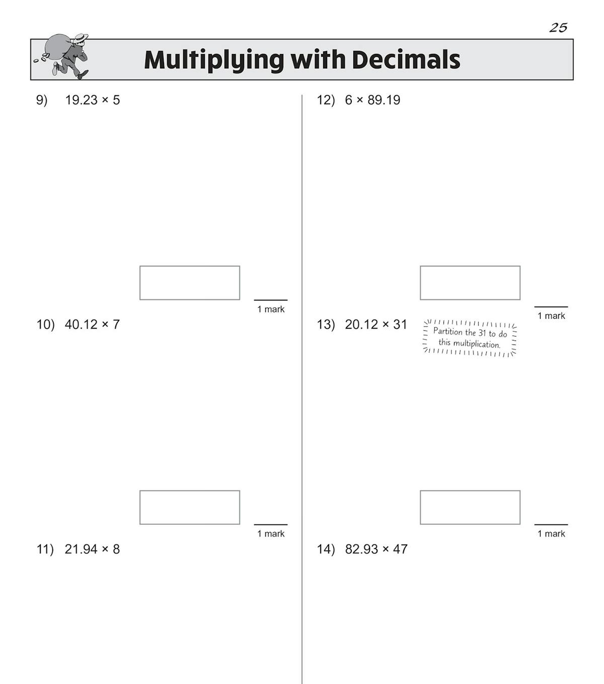 Sample page showing decimals addition questions with mental maths warm-up and worked example