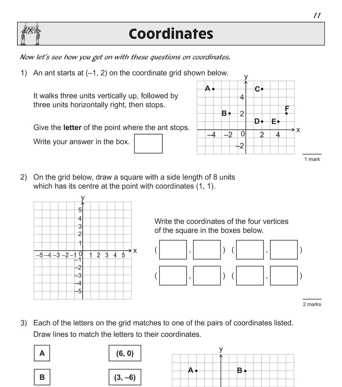 Coordinate grid questions with squares and plotting exercises