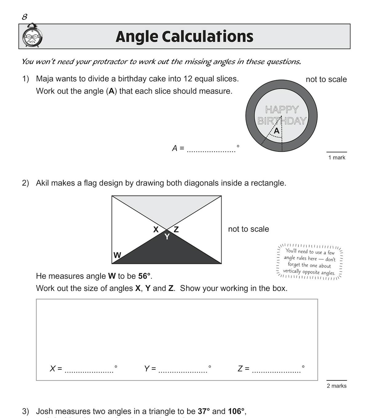 Sample page showing angle calculation questions with diagrams