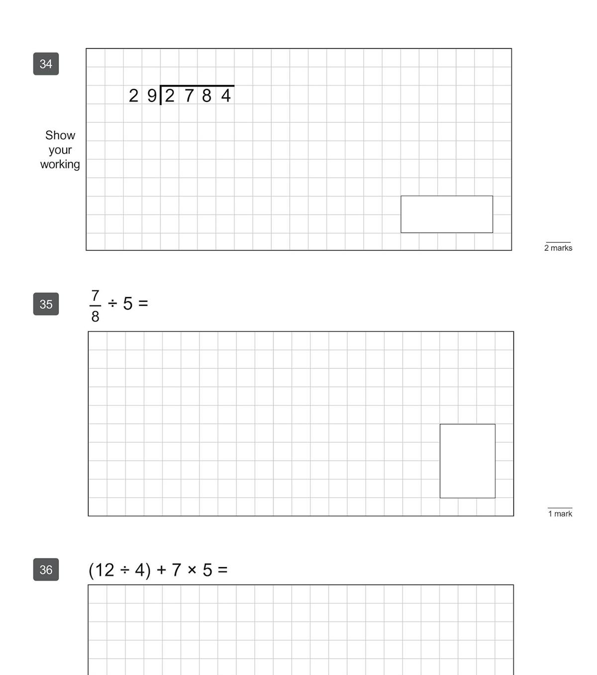 Sample page from KS2 Maths Reasoning paper showing long division and fraction questions with working space