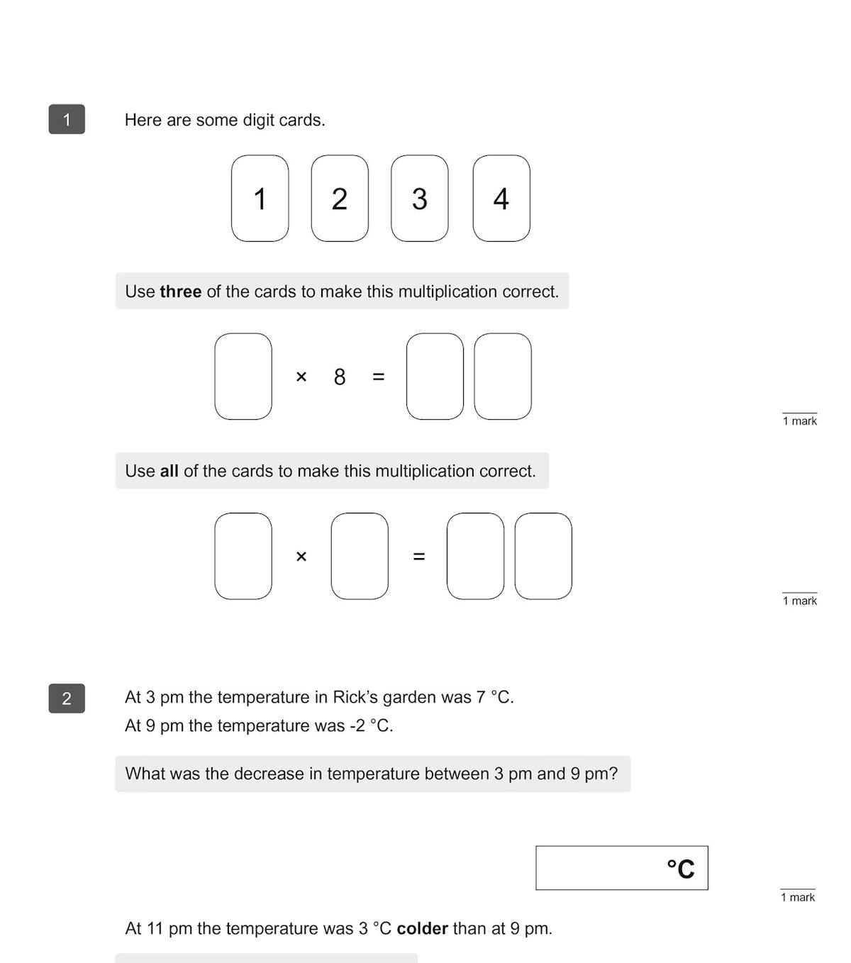 Sample page from a KS2 Maths reasoning paper showing multiplication questions with digit cards and temperature problems