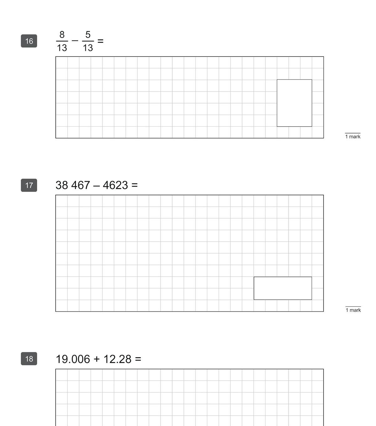 Sample page from KS2 Maths SATS practice paper showing calculation questions with answer boxes