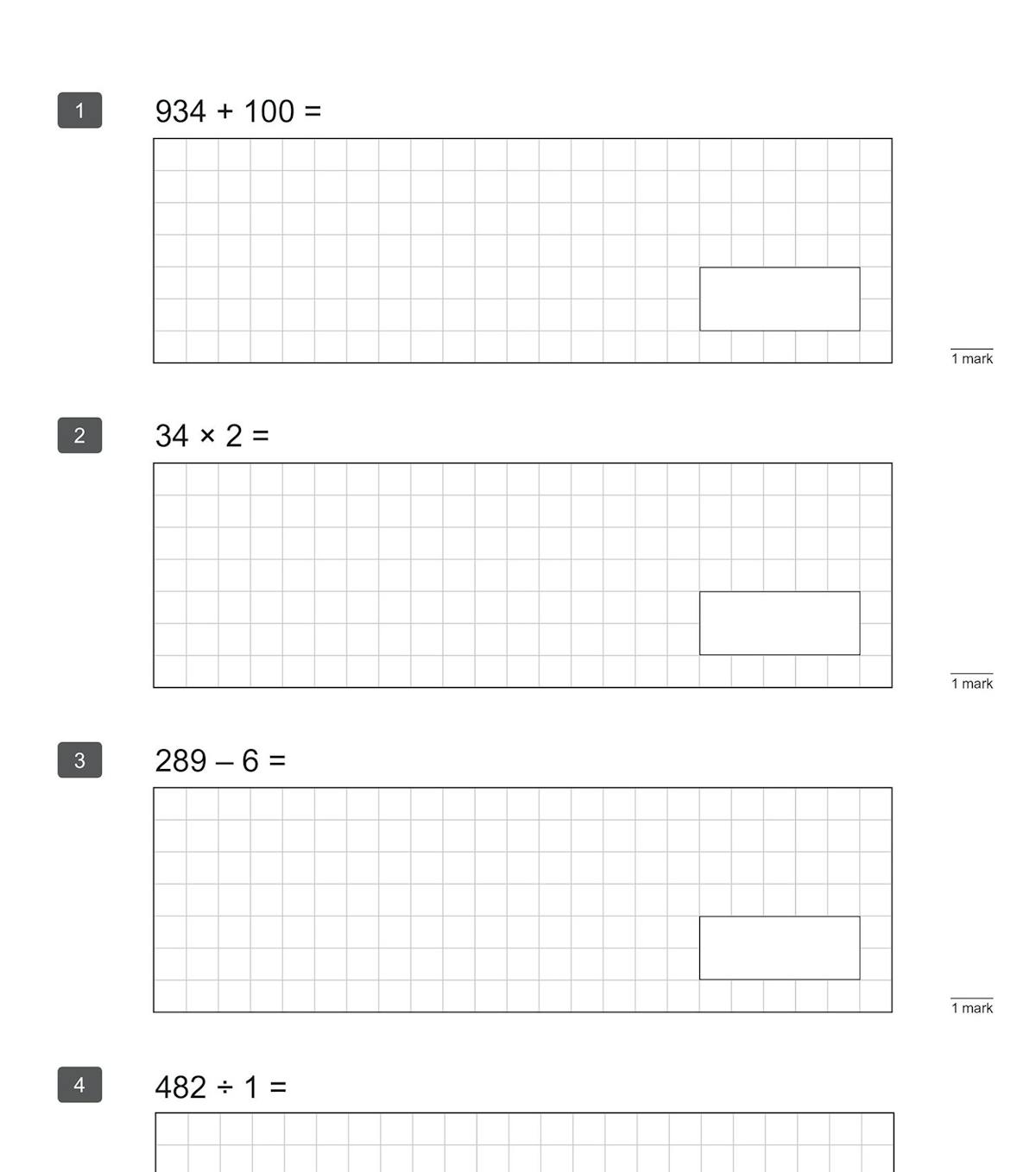 Sample questions from KS2 Maths paper showing arithmetic calculations with answer boxes