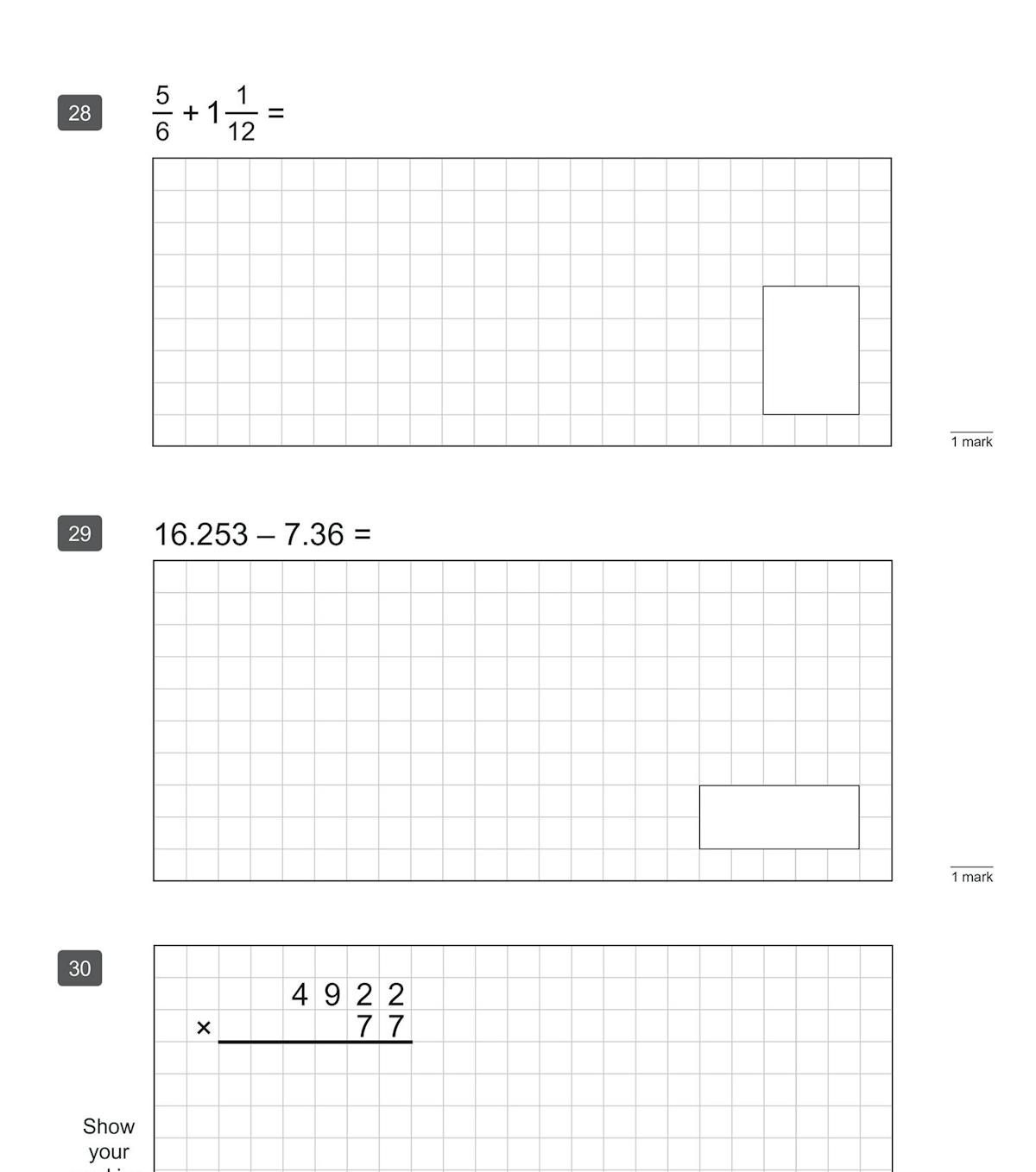 Sample pages showing KS2 Maths SATS practice questions including fractions, decimals and long multiplication