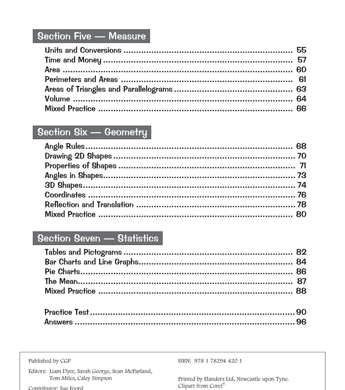 Contents page listing topics including measure, geometry and statistics sections