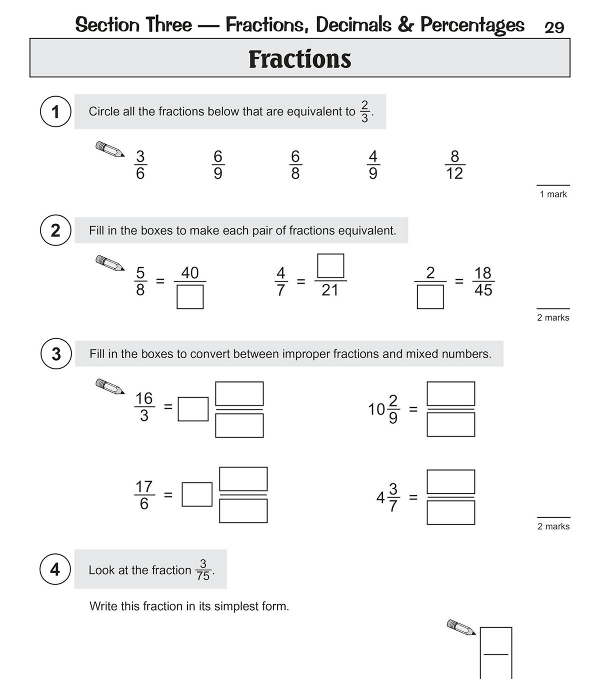 Sample page showing fractions questions including equivalent fractions and improper fractions
