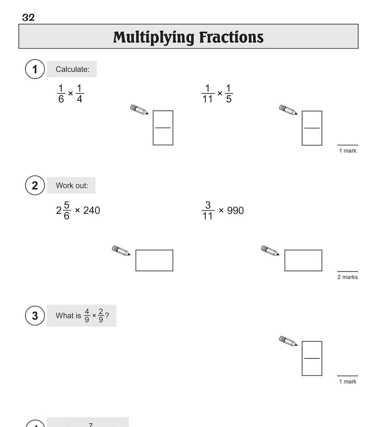 Multiplying fractions practice page from the CGP question book with exam-style problems