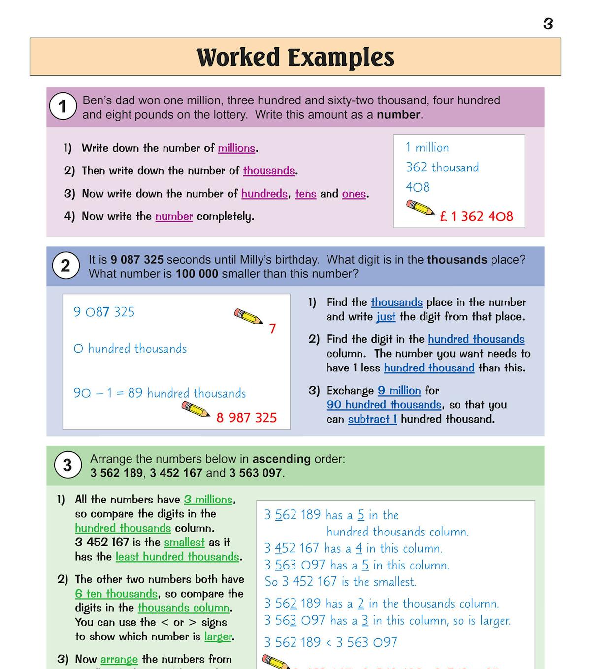 Worked examples page showing step-by-step solutions for number and place value problems