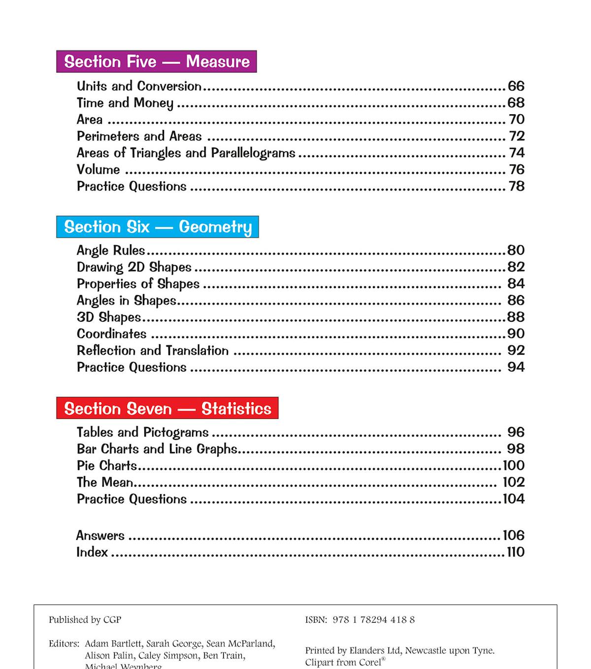 Contents page listing all sections including Measure, Geometry and Statistics