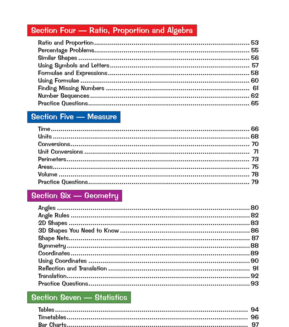 Contents page showing the seven main sections of the KS2 Maths Study Book