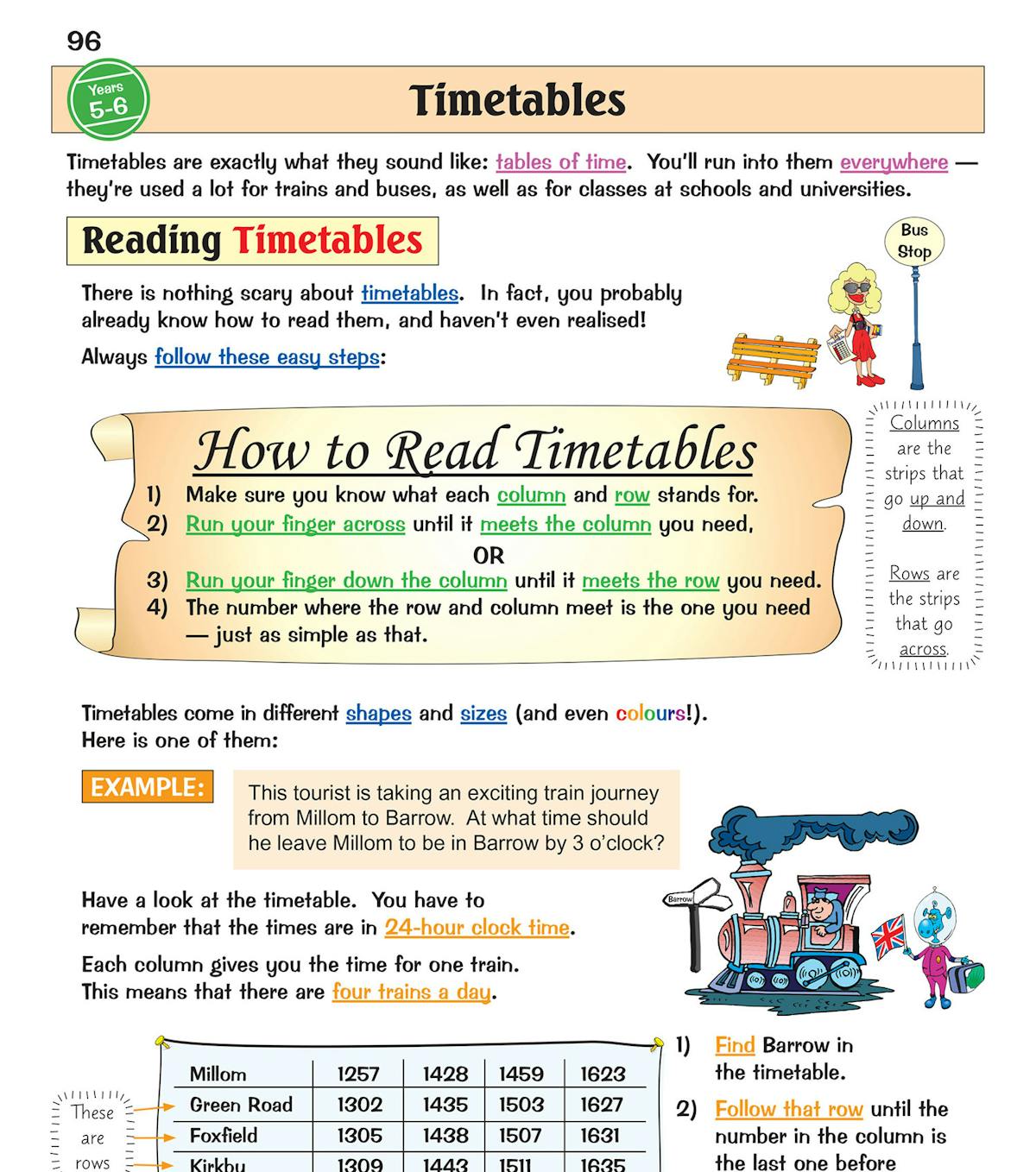 Sample page on reading timetables with worked examples and colourful illustrations