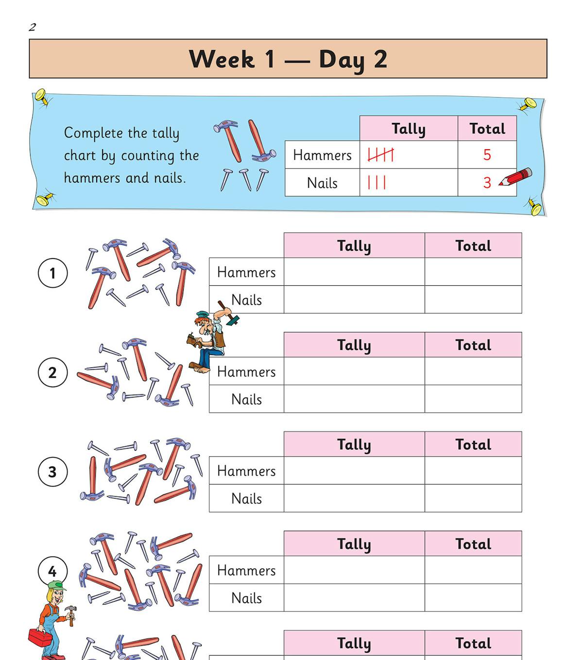 Contents page showing weekly structure with daily practice activities and answer section