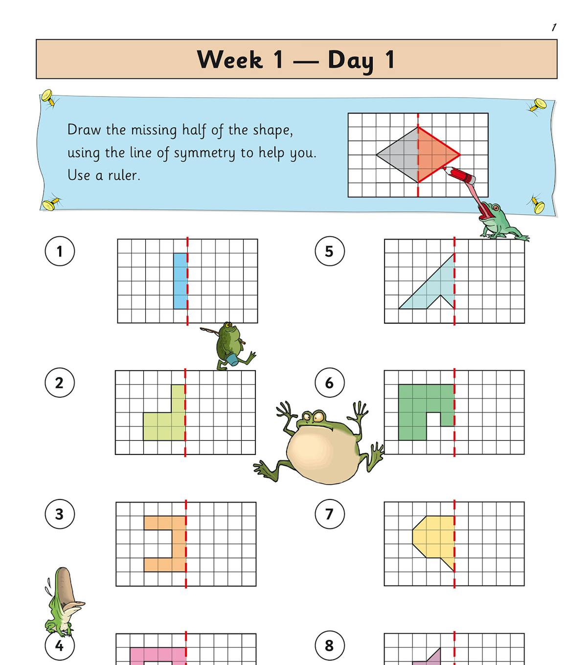 Sample page showing symmetry exercises with grid-based shape activities and colourful frog characters