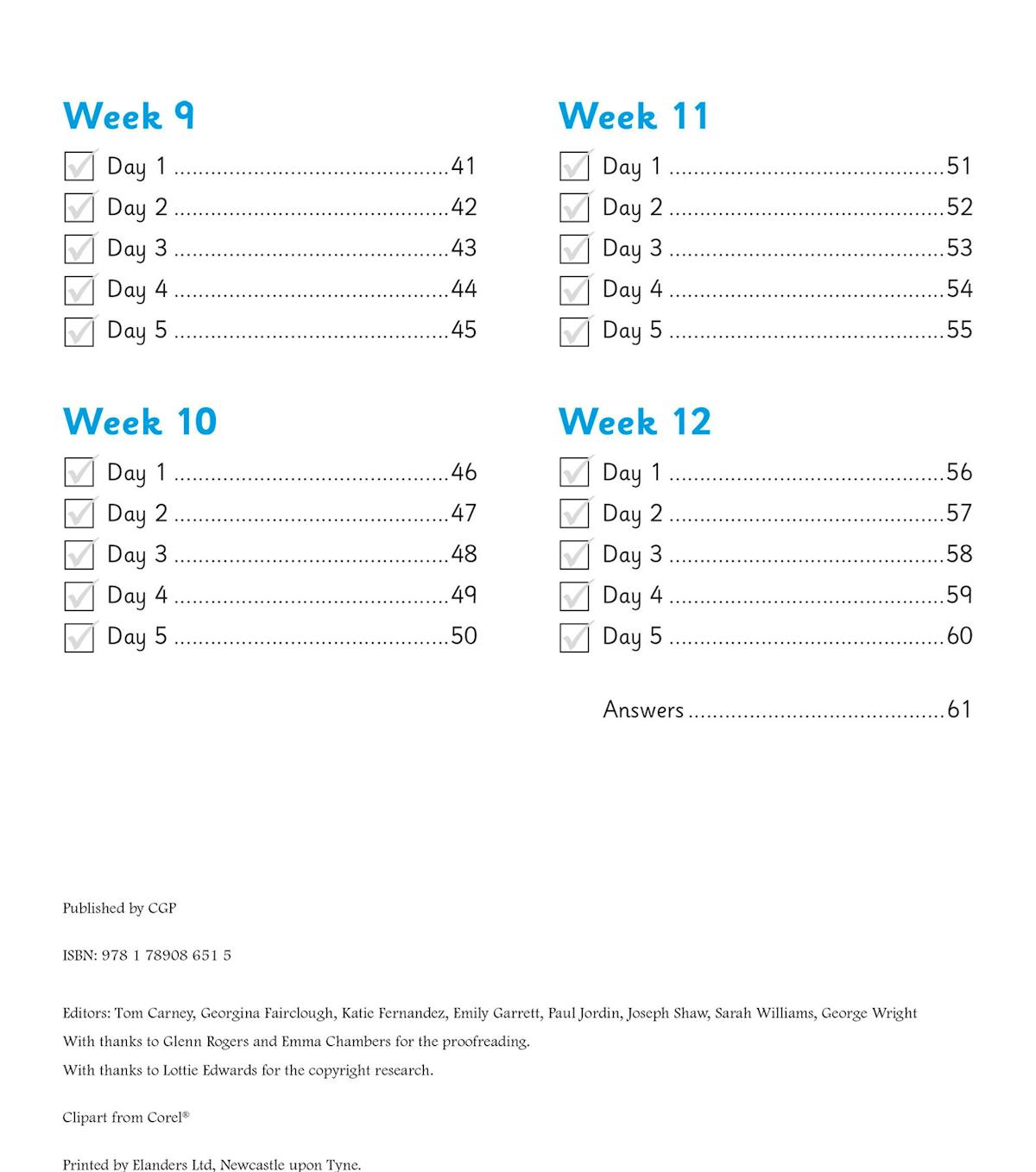 Contents page showing weekly structure with checkboxes for Days 1-5 across weeks 9-12 and answers section