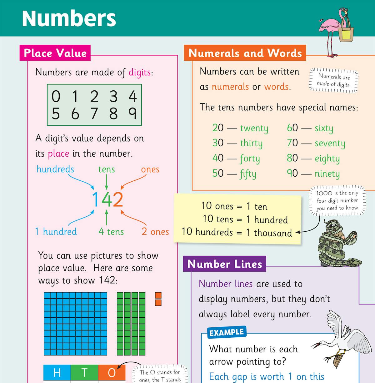 Colourful page showing place value, numerals and words, number lines with clear examples and diagrams