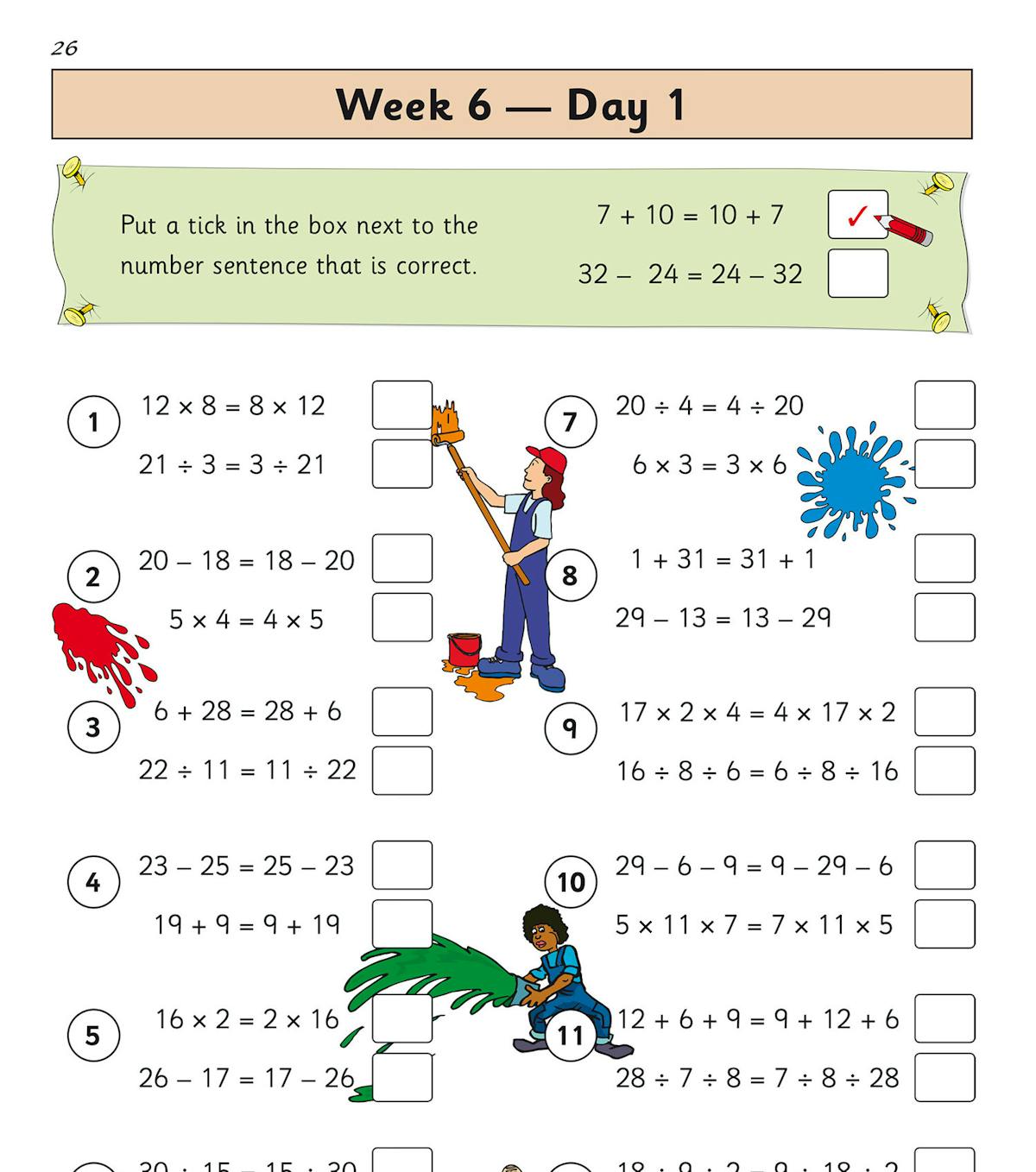 Another sample page with counting sequences, colourful illustrations, and numbered question sets