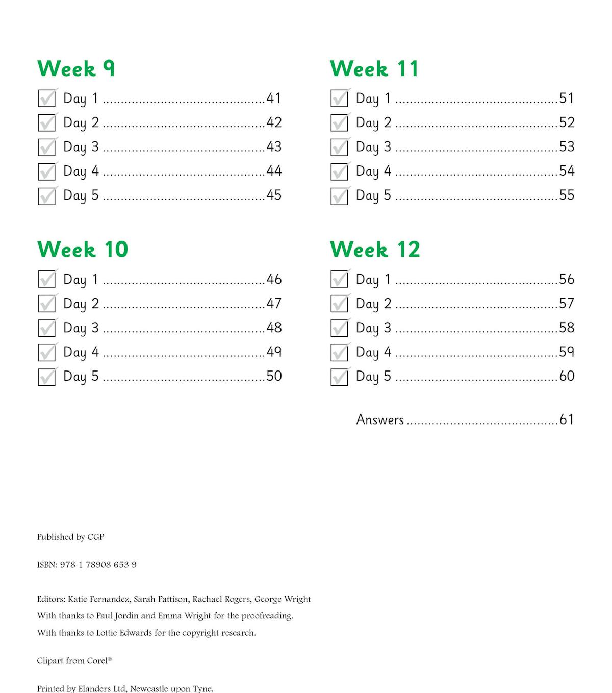 Contents page showing daily practice structure