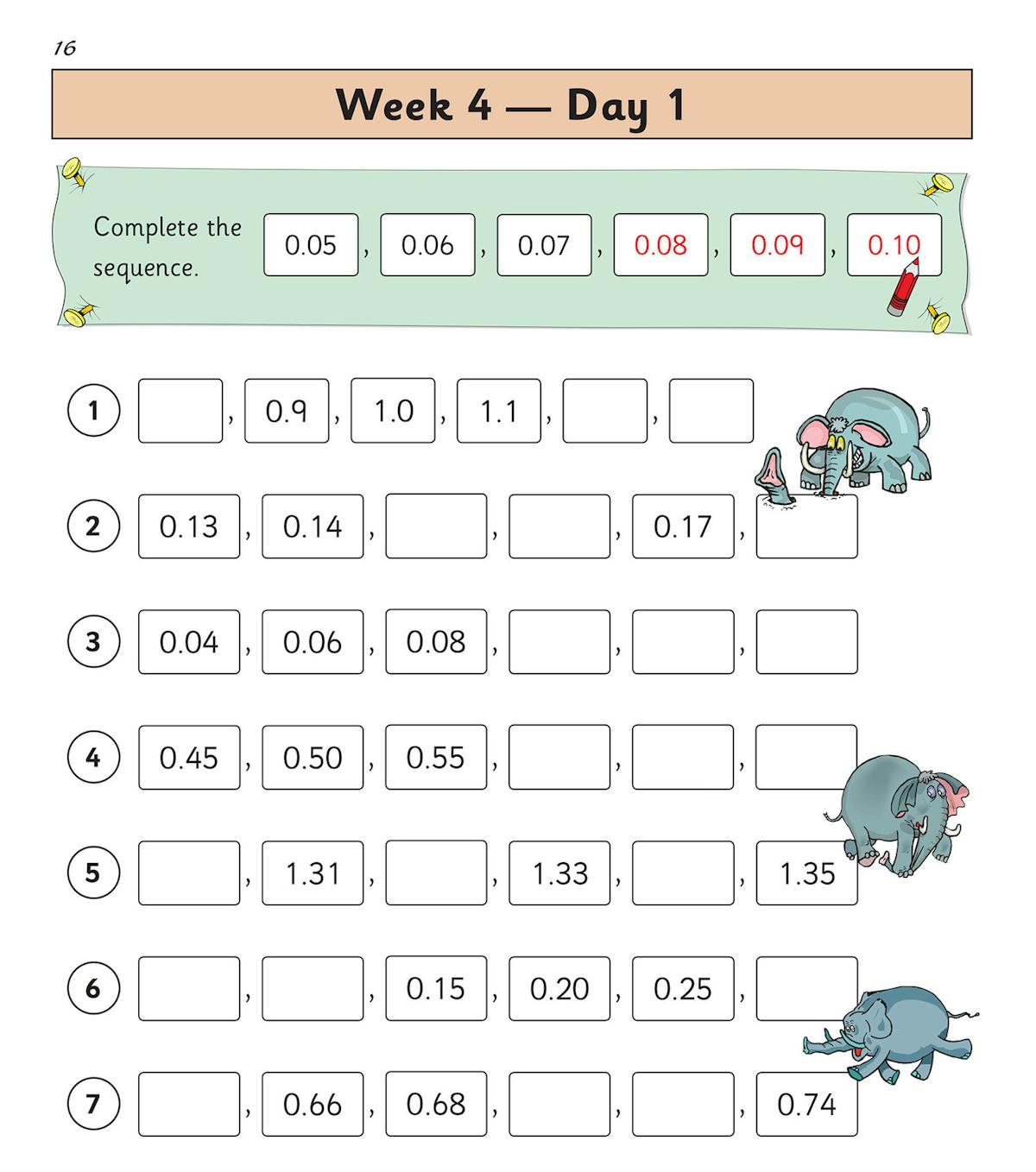 Sample page showing decimal sequence questions with numbered rows and score box