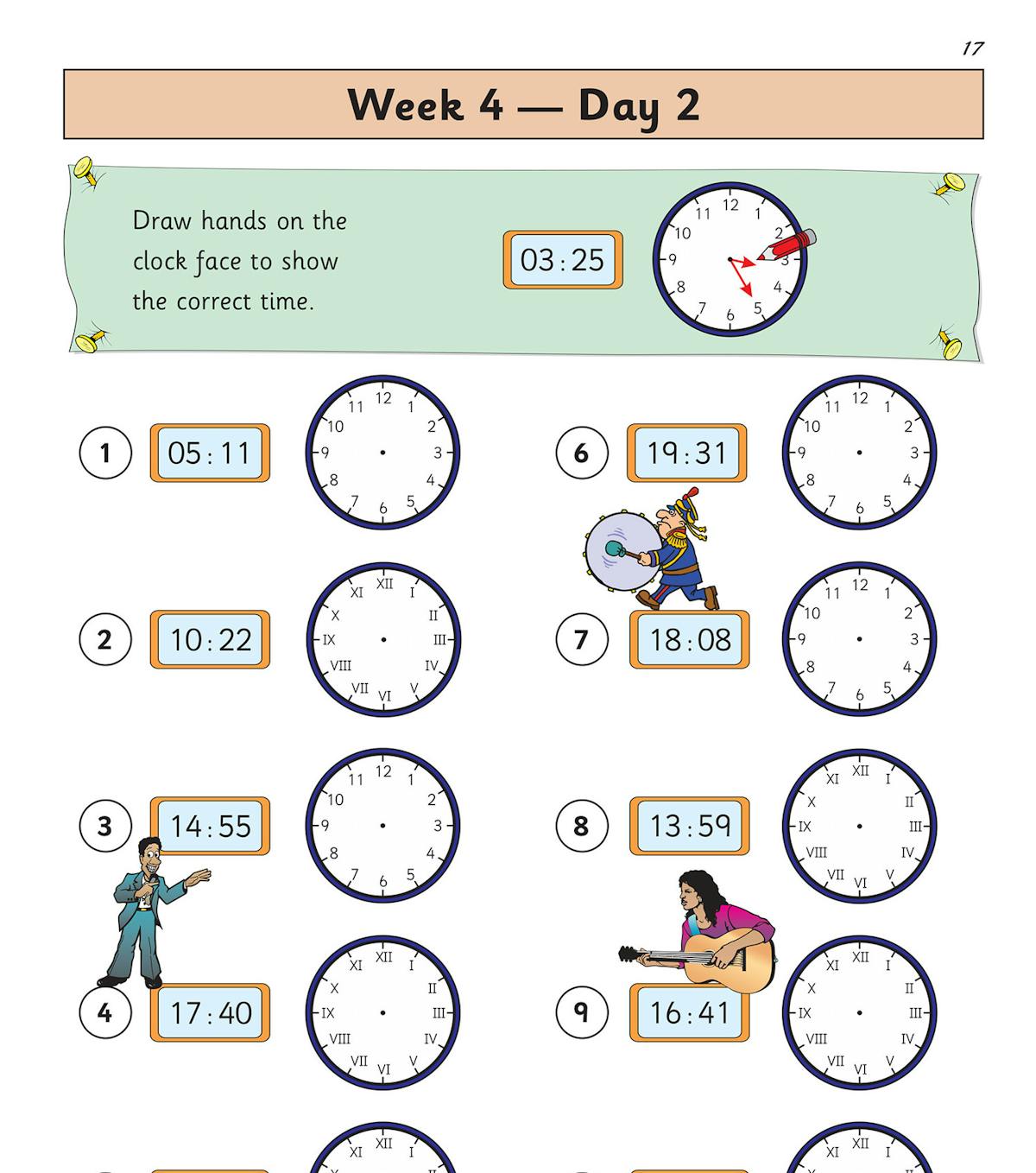 Clock face practice page showing digital times to be drawn on analogue clocks