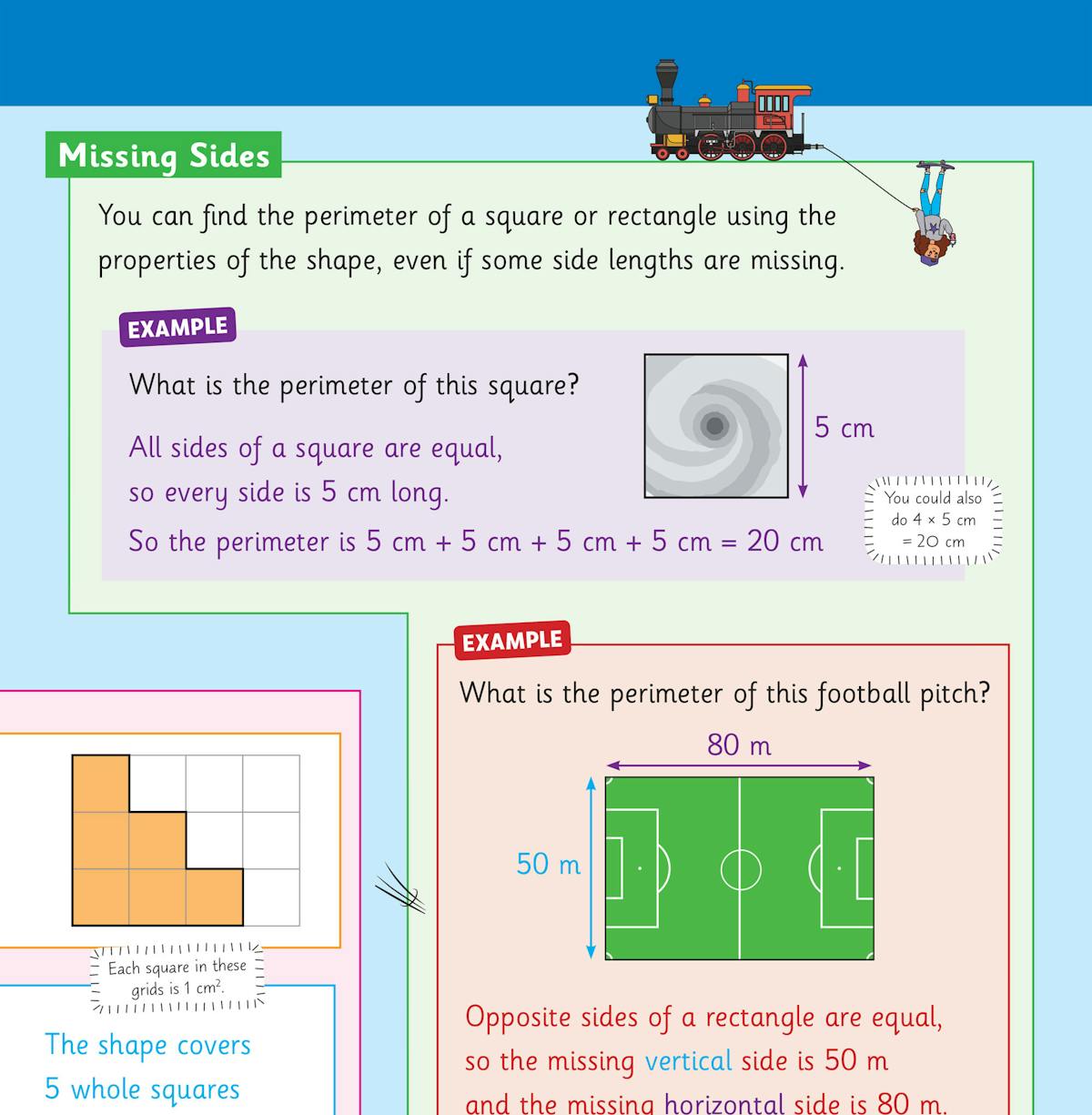 Page showing perimeter examples for squares and rectangles with illustrated problems