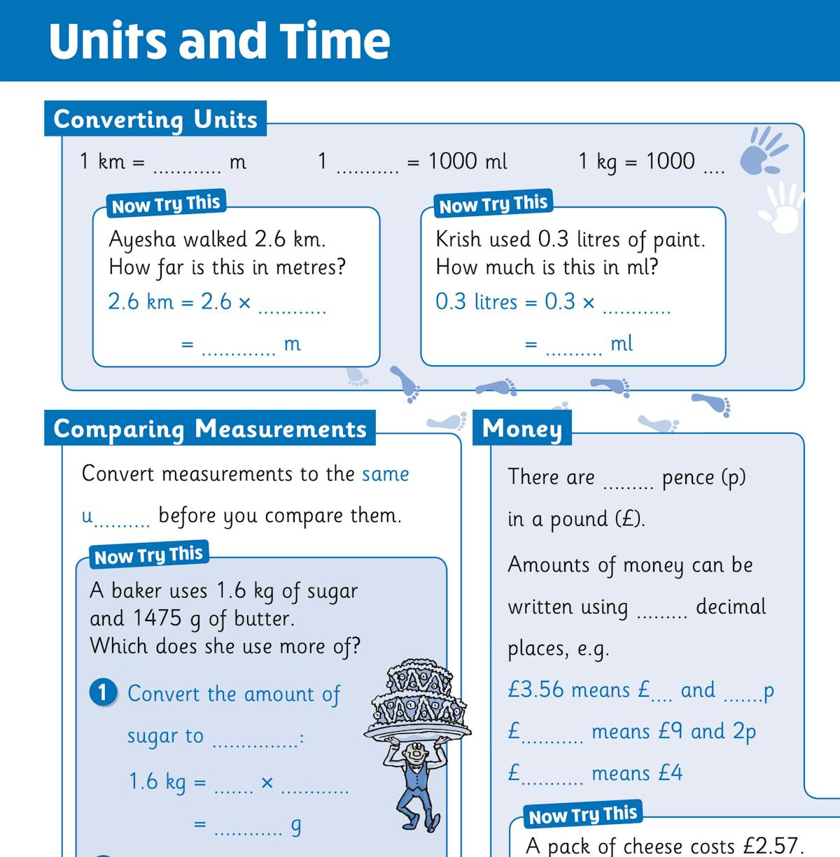 Inside page showing units and time exercises with fill-in-the-blank activities