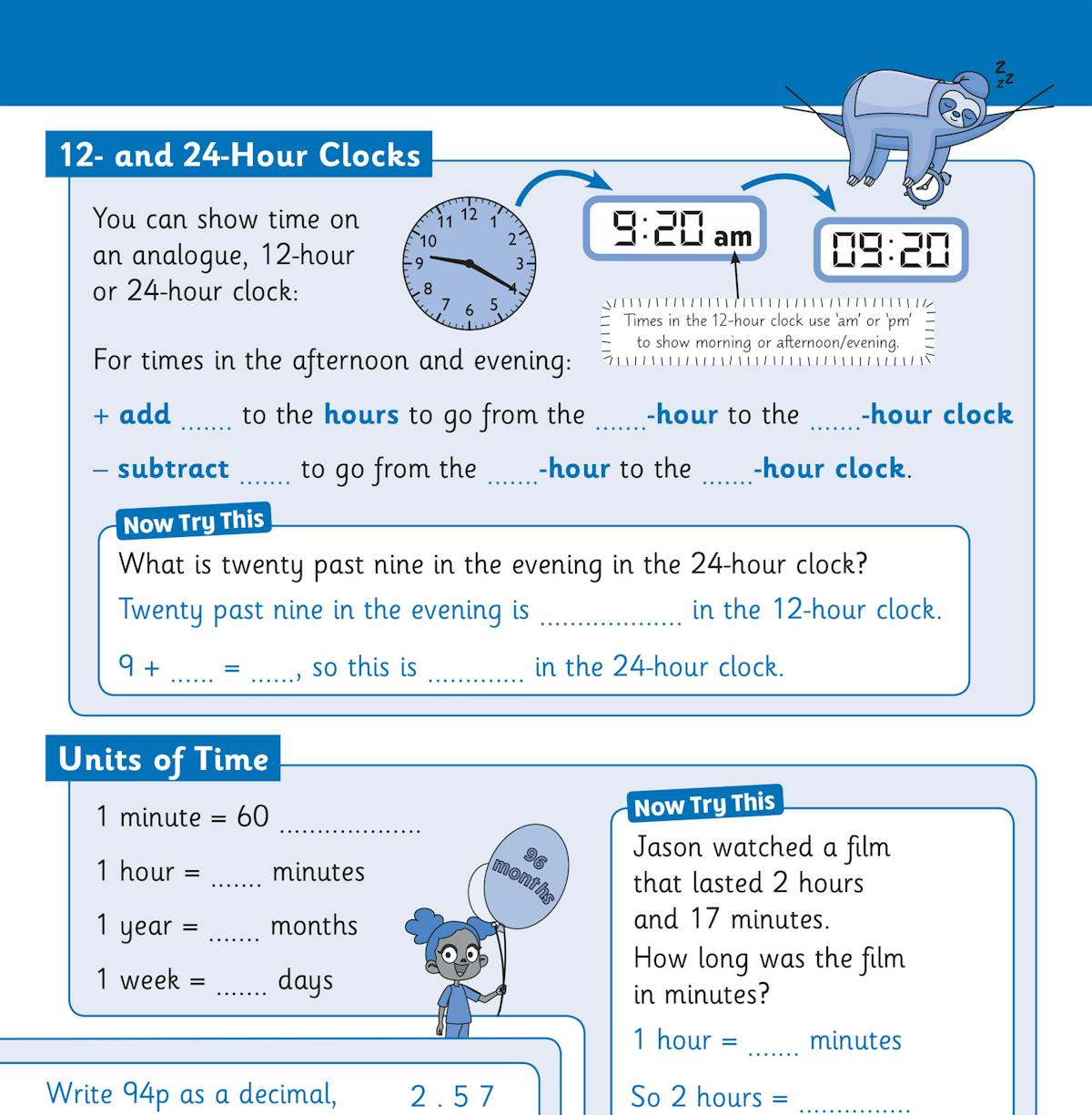Inside page demonstrating time conversion exercises with worked examples