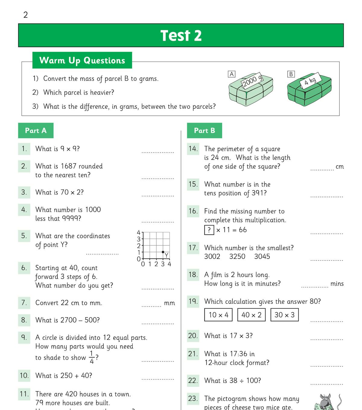 Sample page showing Test 1 with warm-up questions and two-part mental maths exercises