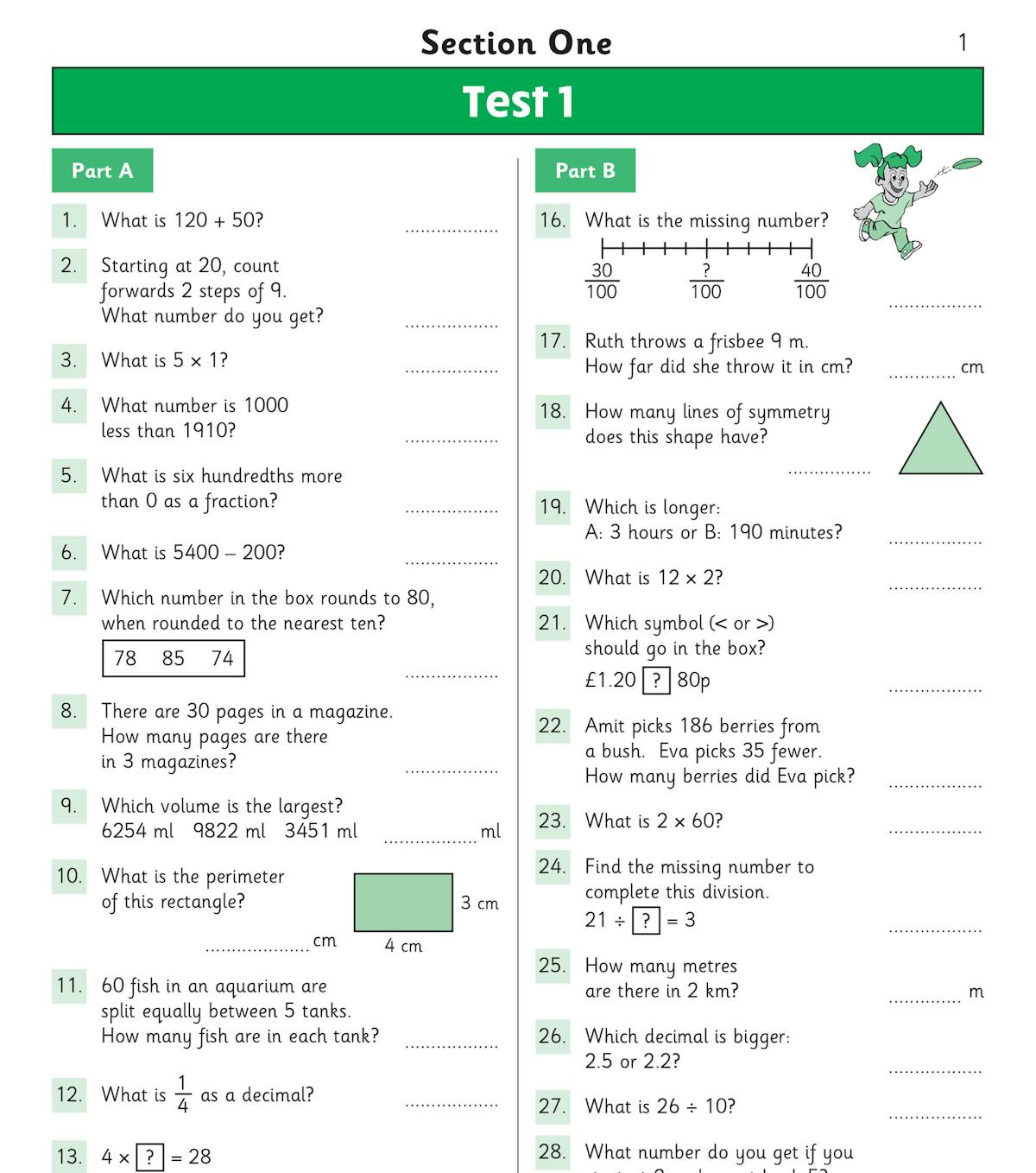 Sample page showing Test 2 with warm-up questions and progressively harder mental maths problems